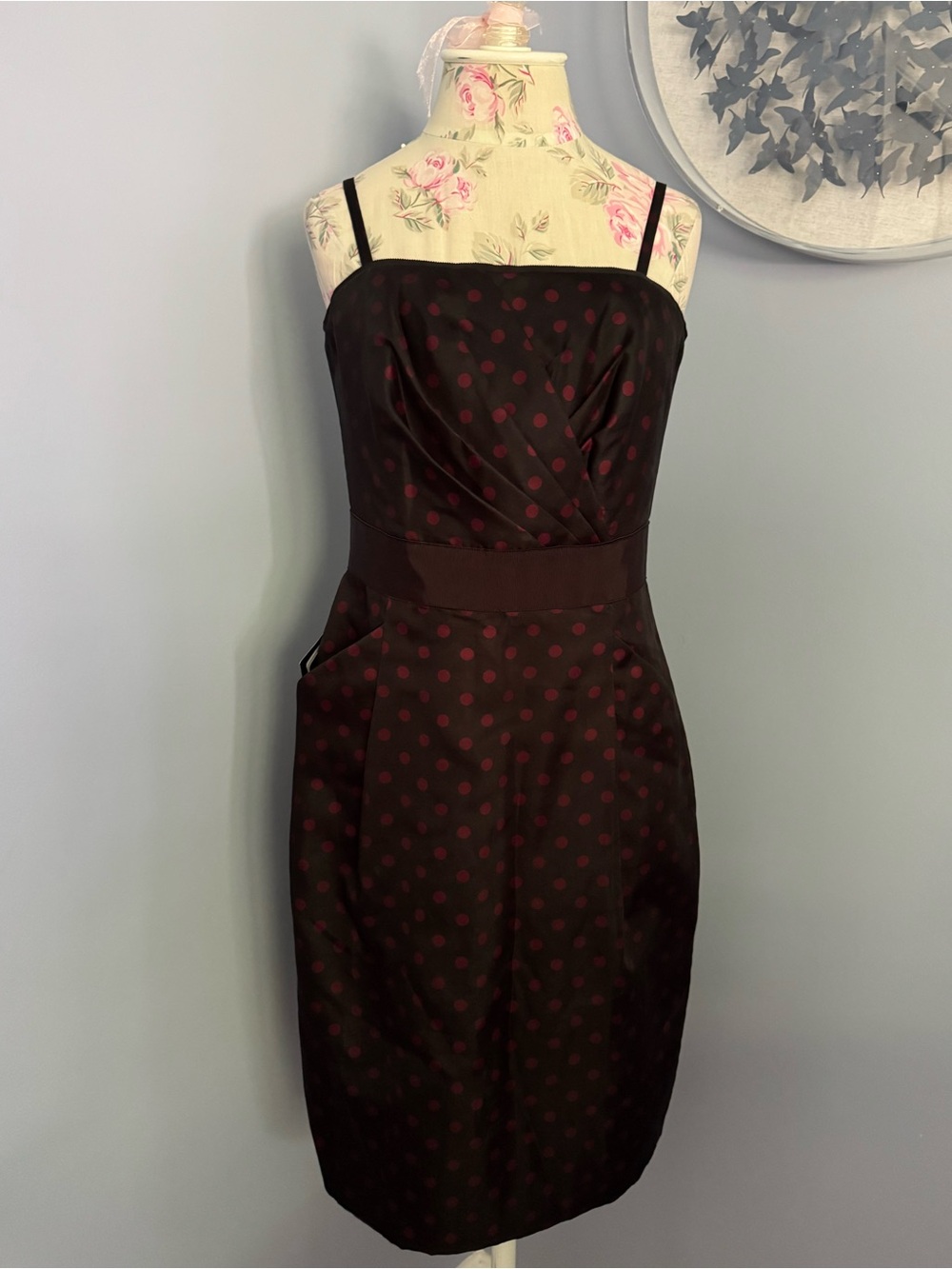 White House Black Market Strapless Black Midi Dress with Red Polka Dots